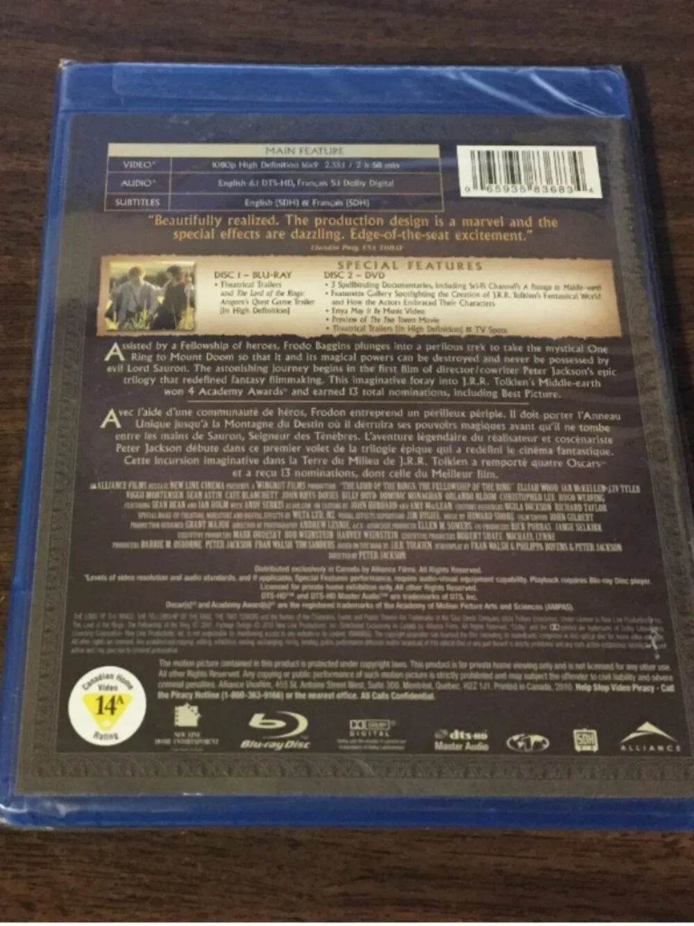 NEW Lord of th Rings The Fellowship of the Ring Blu ray Elijah Wood Ian McKellen - Picture 2 of 2